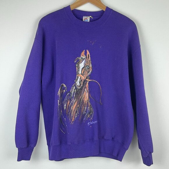 Vintage 90's Jerzees Handpainted Sparkly Horse Purple Crewneck Pullover‎ Large - Picture 1 of 6